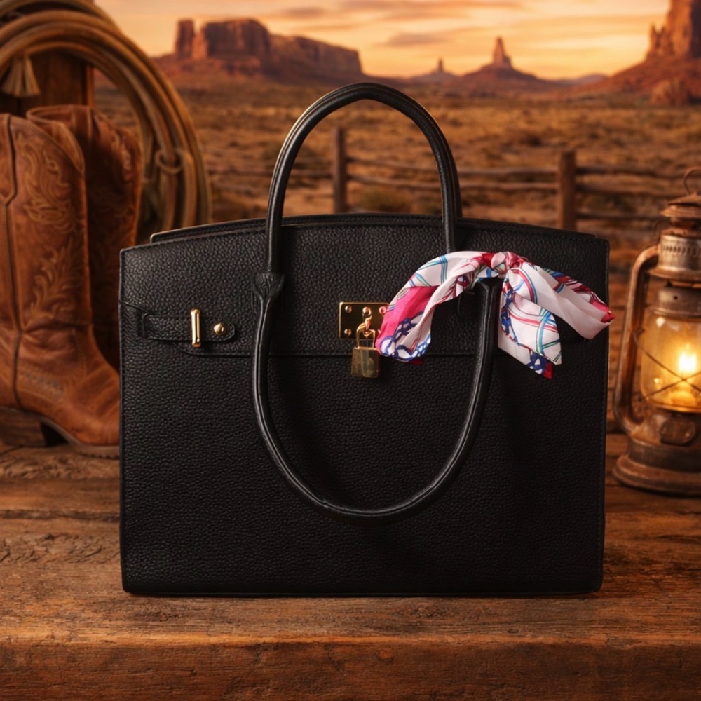 Elegant Black Handbag with Scarf Accent